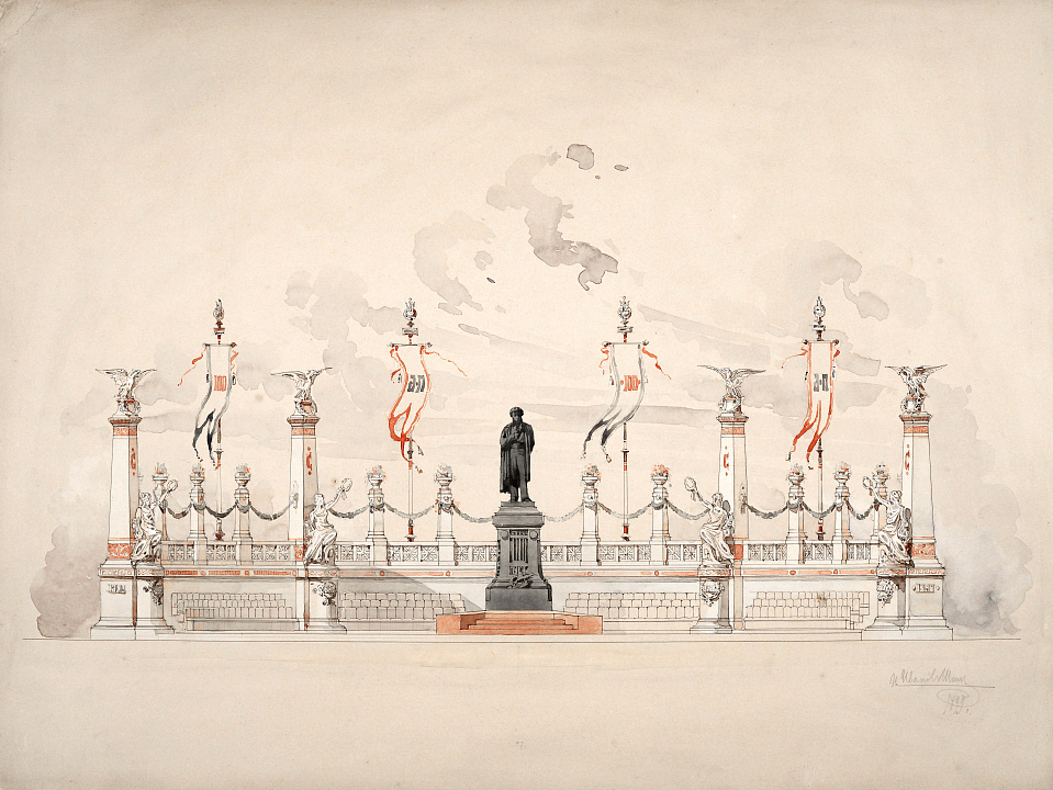 Эскиз оформления сквера у памятника А.С. Пушкину в начале Тверского бульвара. 1899 г. 1899 г. Из собрания Музея архитектуры им. А.В. Щусева