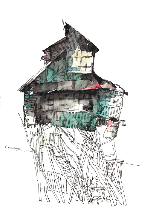 Сергей Малахов. "Дом Джека. Из серии Русские дачи", 2022 г. Бумага, акварель, черная тушь, изограф