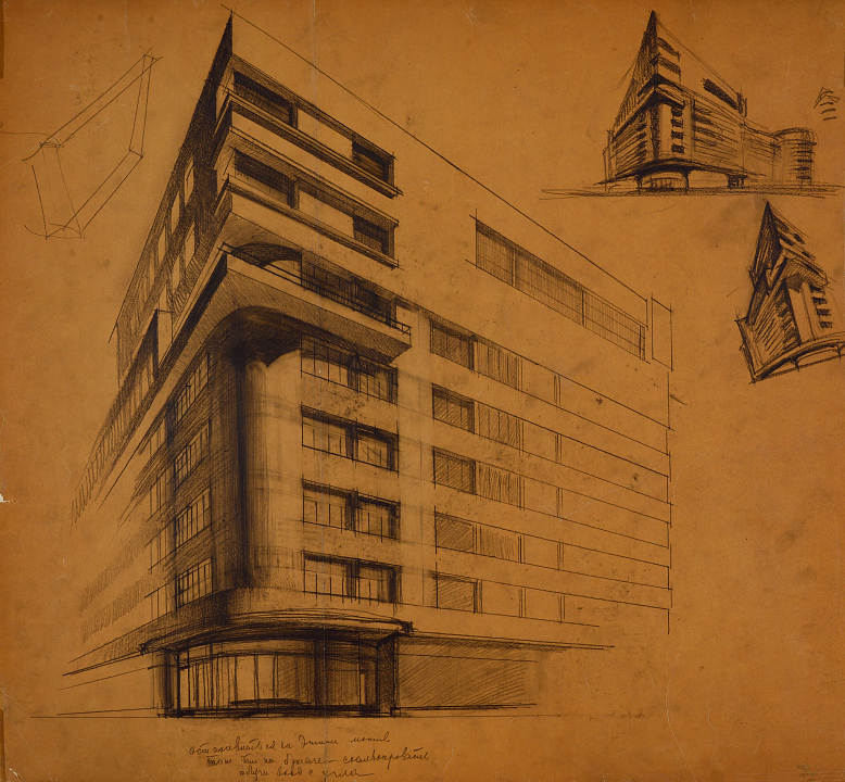 А.В. Щусев, Проект здания Коопстрахсоюза (Наркомзема) на Садово-Спасской улице в Москве. Перспектива, фрагмент фасада. Эскиз, 1928 – 1929