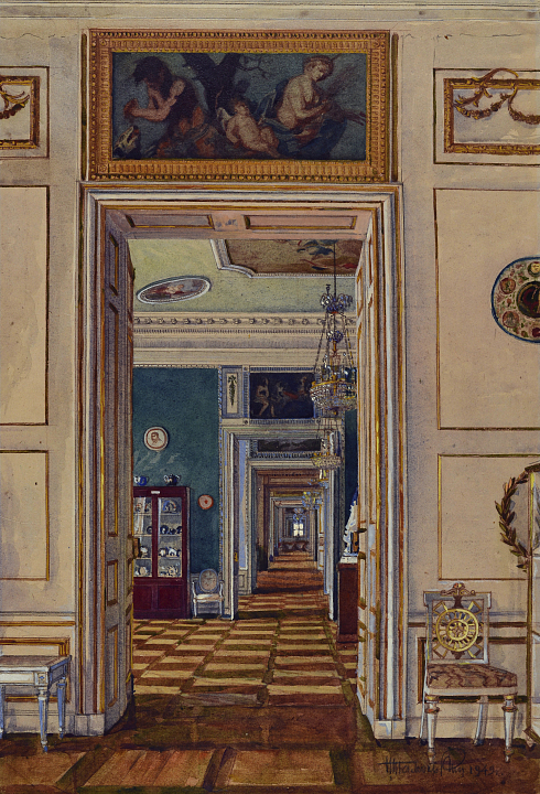 Главный дом усадьбы Кусково в Москве. Архитекторы: Шарль Де Вайи, Карл Бланк, 1769 –1775. Н. Тамонькин. Вид анфилады комнат из Столовой, 1949