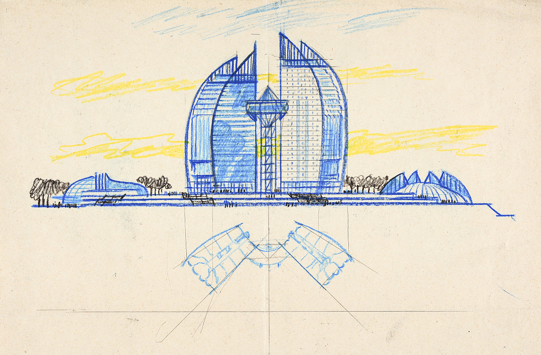 В.С. Кубасов. Проект жилого комплекса с обслуживанием «Волжские паруса» в Волгограде. Эскиз общего вида и плана, 2003-2007