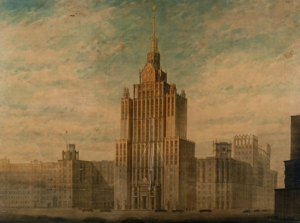 Б.С. Мезенцев, А.Н. Душкин. Проект высотного здания МПС на Красных воротах. Перспектива, 1948