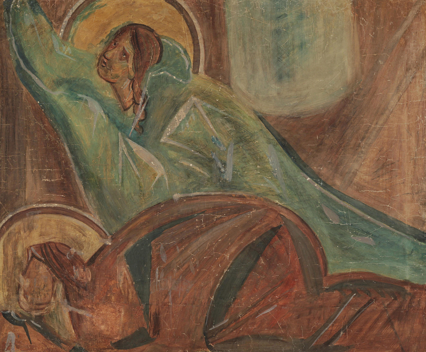 Церковь Успения Богородицы на Волотовом поле. Фреска «Марфа и Мария». Фрагмент композиции «Воскрешение Лазаря». Копия Н.И. Толмачевской, 1920. Из собрания Музея архитектуры им. А.В. Щусева