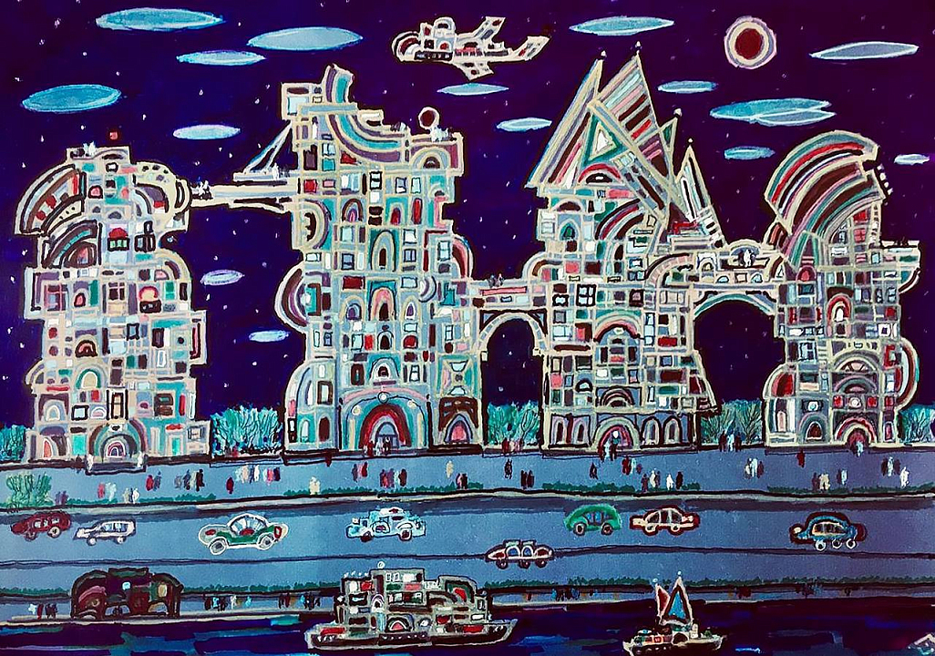 Владимир Авксентюк. "Незнакомая улица", 2021 г. Бумага, цифровое масштабирование, акварель, фломастеры, акрил