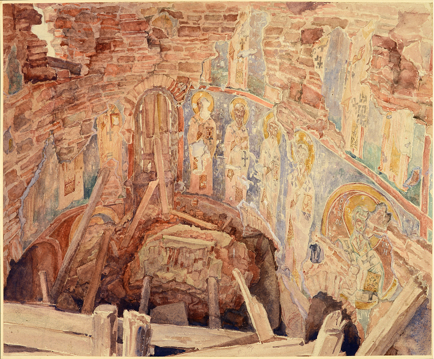 Руины церкви Спаса Преображения на Нередице. Пространство центральной апсиды с фиксацией сохранившихся фрагментов фресок. 1947 г.