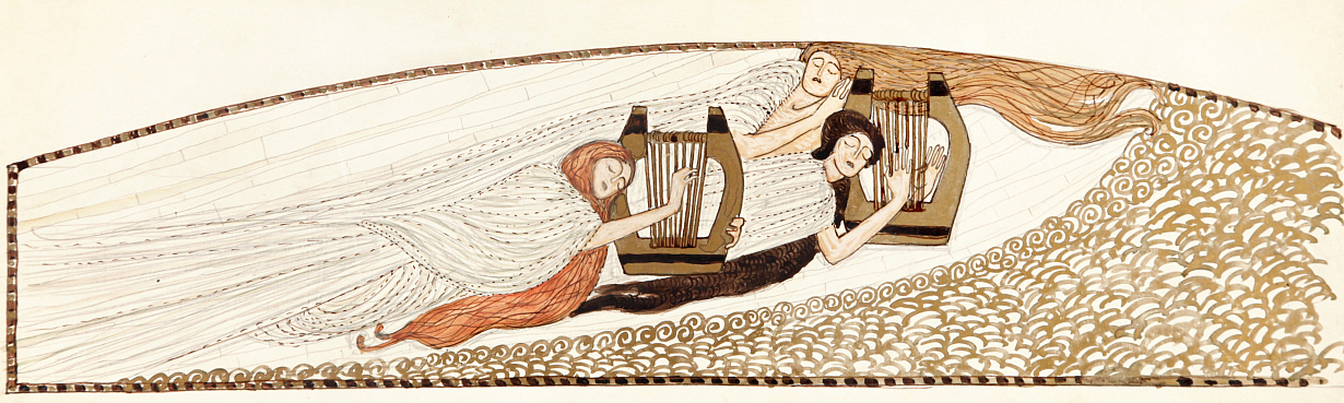 Эскиз декоративного панно с женскими фигурами, играющими на лирах, для оформления Малого фойе Московского Купеческого собрания на Малой Дмитровке. 1907-1909 гг. Из собрания Музея архитектуры им. А.В. Щусева