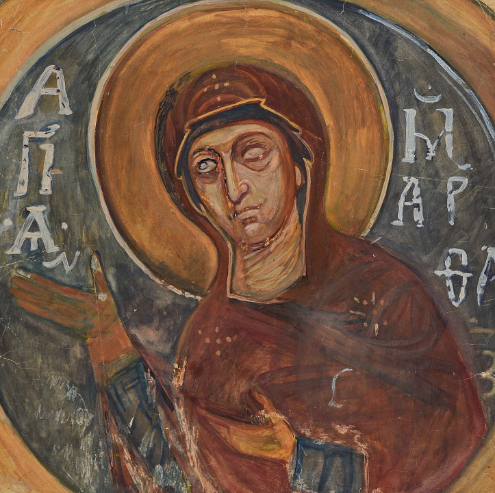 Церковь Спаса Преображения на Нередице. Алтарная апсида. Фреска «Богоматерь». Копия Н.И. Толмачевской, 1930. Из собрания Музея архитектуры им. А.В. Щусева