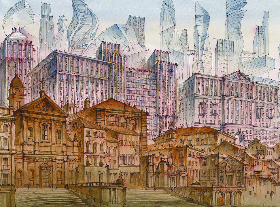 Сергей Чобан. "Оттиск будущего. По мотивам офорта Джованни Баттиста Пиранези Veduta del Porto di Ripetta", 2020 г. Бумага, сепия, акварель, мел