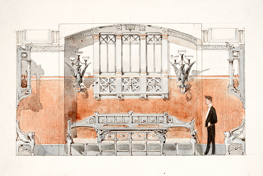 Оформление интерьера кабинета в ресторане Н.П. Мартьянова в здании Верхних торговых рядов в Москве. Середина 1900-х гг. Из собрания Музея архитектуры им. А.В. Щусева