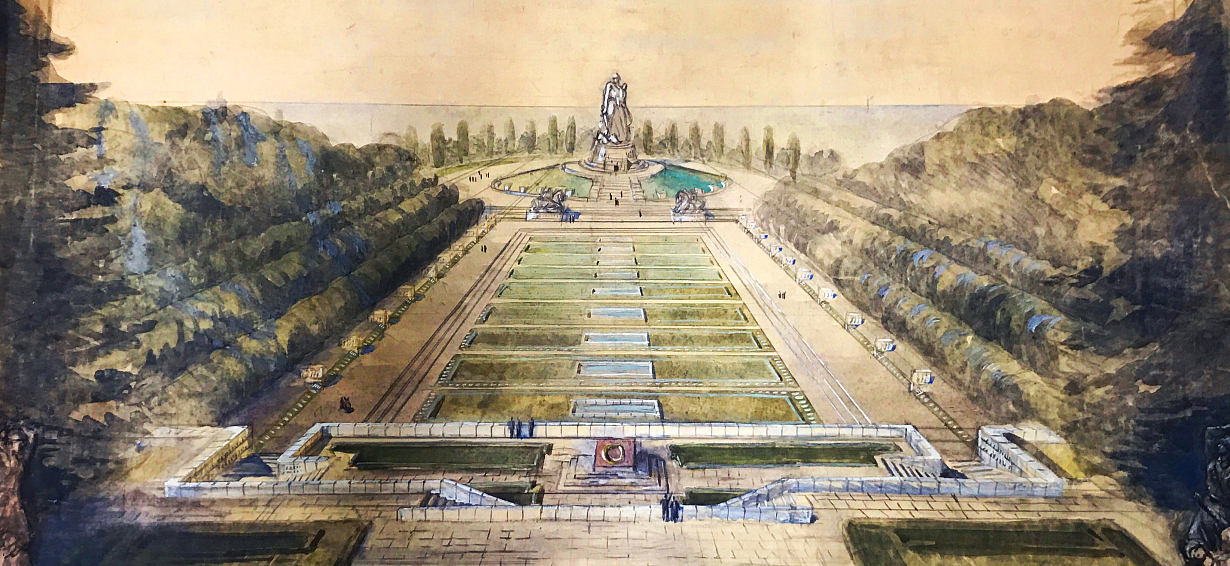 Я.Б. Белопольский. Архитектурно-скульптурный ансамбль в Трептов-парке в Берлине. Вариант перспективы. 1947 - 1949 гг.