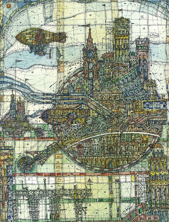 Александр Кобяк. "Движущиеся города", 2016 г. Бумага, тушь, перо, акварель