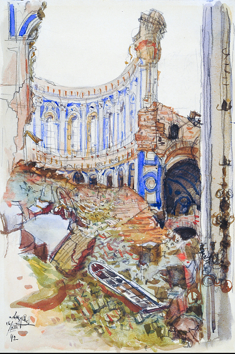 А.В. Щусев. Воскресенский собор Новоиерусалимского монастыря после взрыва. 1942 г.