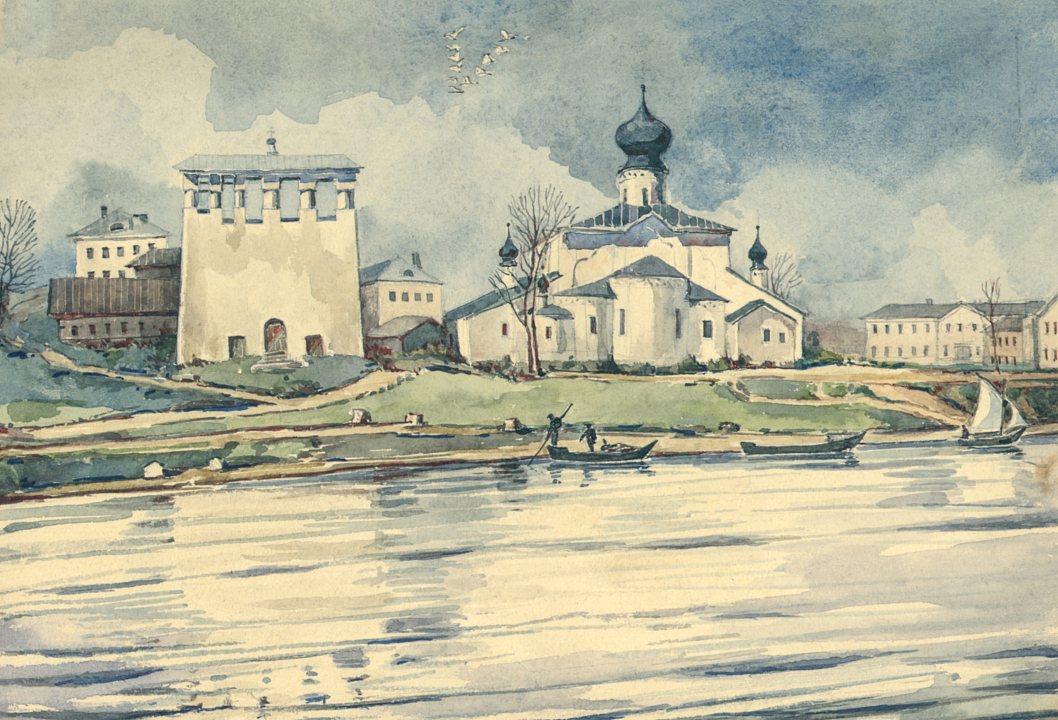 Церковь Успения Пресвятой Богородицы с Пароменья в Пскове, 1521. В.Козлов. Вид с реки Великой, 1964