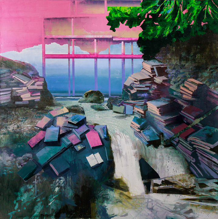 В.Пушницкий. Futures 3. Книги на полке.2024. 189х189. Холст, масло