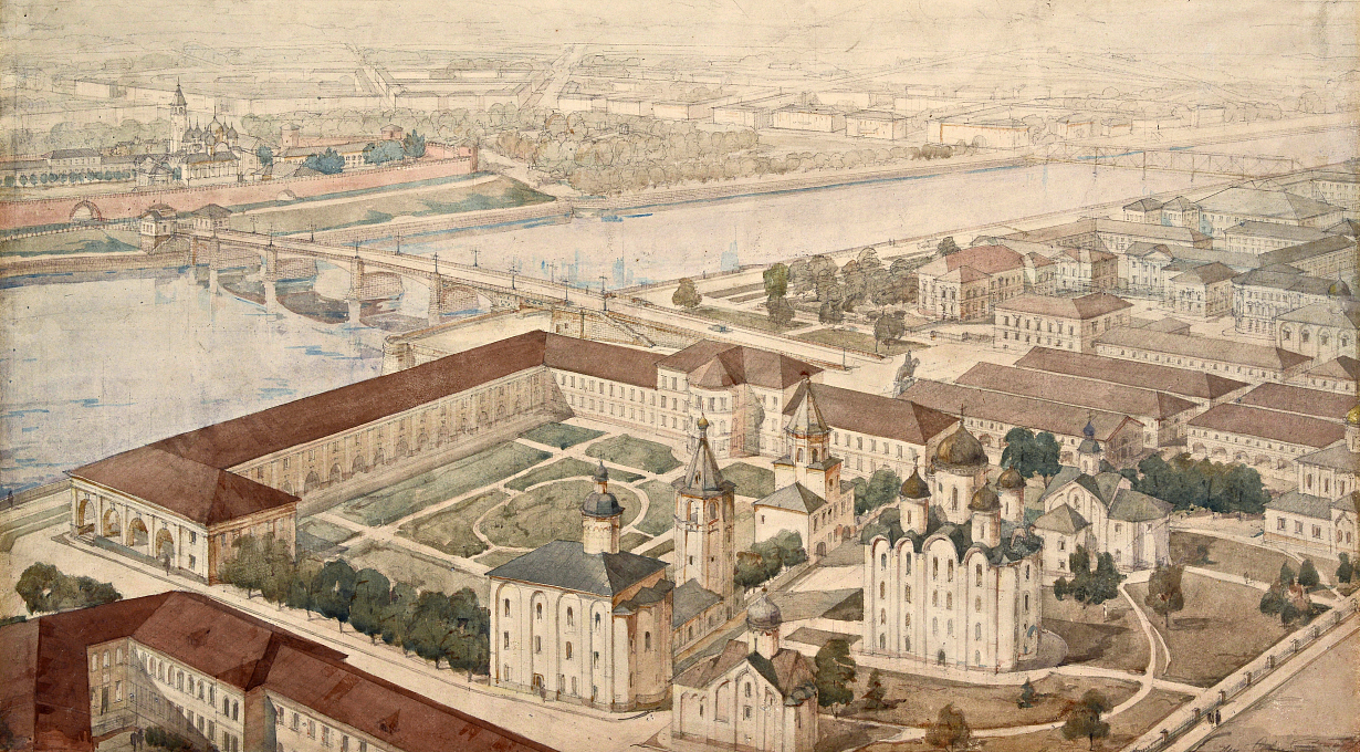 А.В. Щусев, Д.Б. Савицкий.Проект восстановления и реконструкции Новгорода.Аксонометрия, 1943 – 1947 гг.