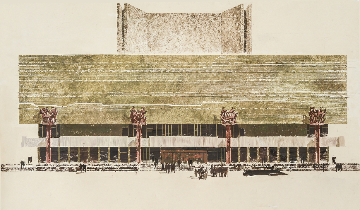 В.С. Кубасов - руководитель, В.С. Уляшов, А.В. Моргулис, инж. А.П. Цикунов. Проект МХАТ им. М. Горького на Тверском бульваре в Москве. Главный фасад. Начало 1970-х