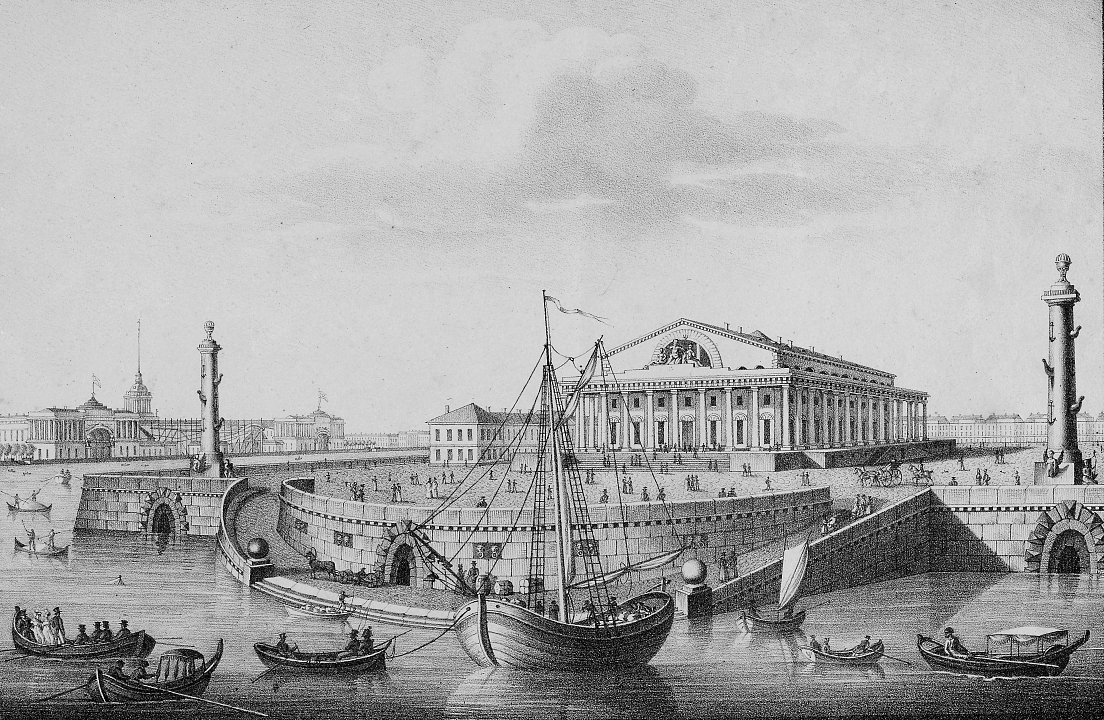 Биржа в Санкт-Петербурге. Архитектор Жан-Франсуа Тома де Томон, 1805 – 1816. Неизвестный художник. Вид с Невы. Из альбома видов Санкт-Петербурга, 1826 – 1827