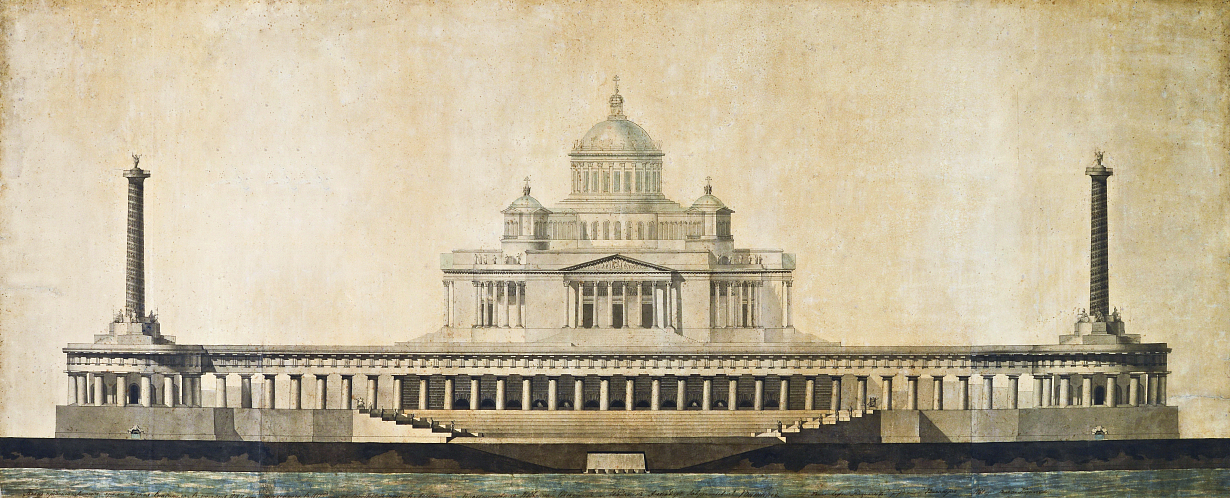 С.Ю. Казначеева. Храм Христа Спасителя на Воробьевых горах. г. Москва. Вид с Москвы-реки на западный фасад. Копия с чертежа А.Л. Витберга