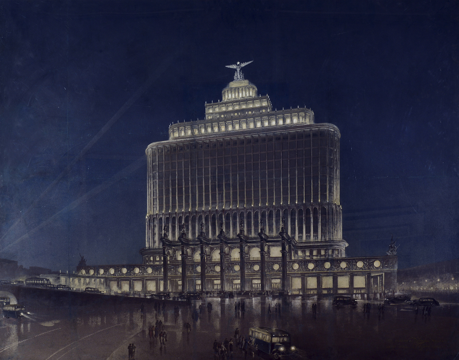 Д. Чечулин, К. Каурков. Конкурсный проект здания управления Аэрофлота в Москве. Перспектива, 1934