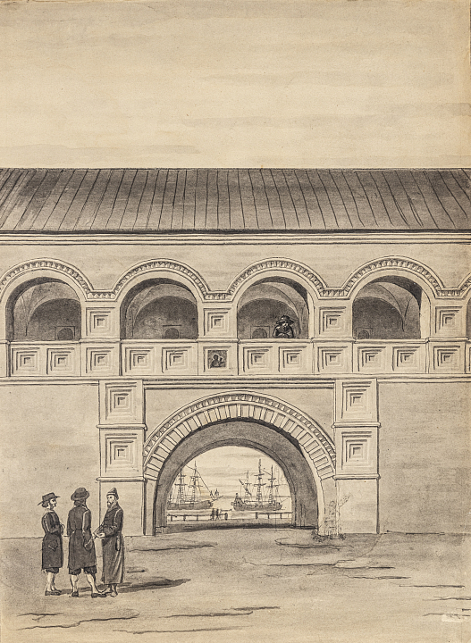 П. Максимов, Д. Старцев. Часть дворового фасада Гостиного двора (Таможни) в Архангельске с проездными воротами, 1930-е