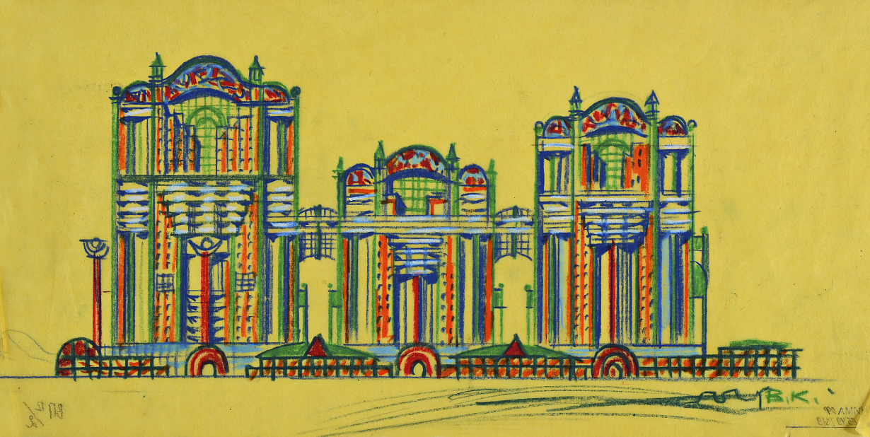 В.С. Кубасов. Проект жилого комплекса «Кунцево» на Можайском шоссе в Москве. Вариант. Эскиз фасадов трех корпусов по Рублевскому шоссе, 1995-2000